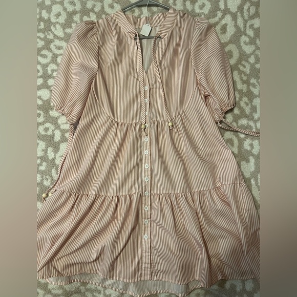 Striped Puff Sleeve Button Front Dress with Tie Waist S/M - Picture 1 of 3